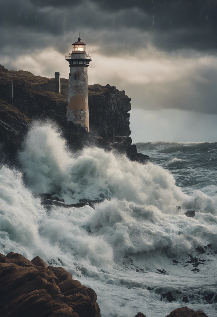 An old weathered lighthouse standing tall against a raging storm, waves crashing against the surrounding rocks Wallpaper[efe8765020924730a00d]