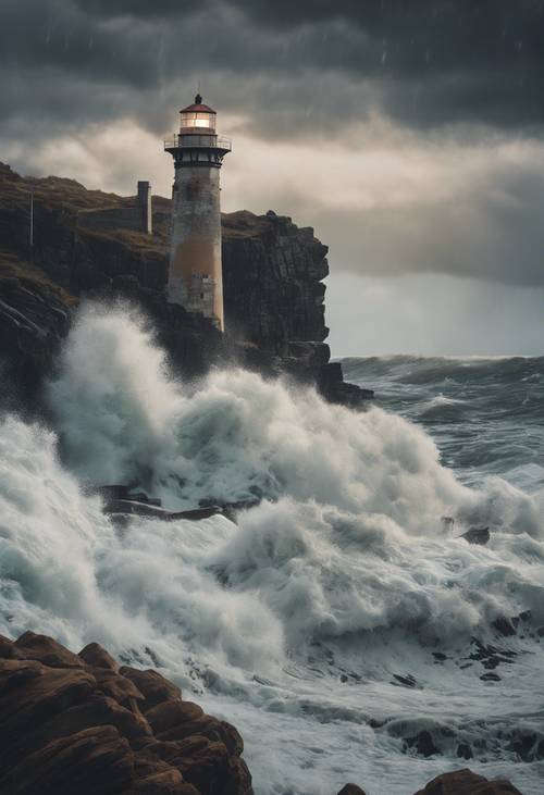 Ein alter, verwitterter Leuchtturm steht hoch gegen einen wütenden Sturm, Wellen brechen gegen die umliegenden Felsen
