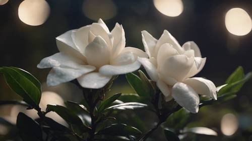 A gardenia, its white corridors bathed in soft moonlight. Tapeta [d3f07017b30d42c69a2a]