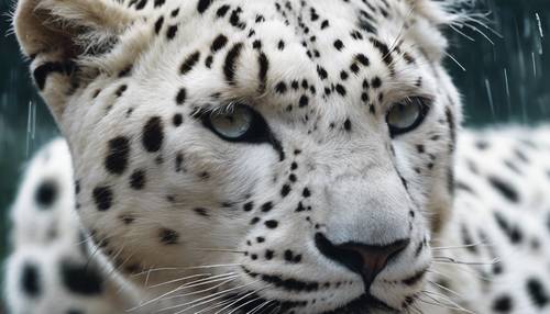 A close-up of a white leopard, its fur wet from the rain, its eyes reflecting the storm. Papel de parede [c0444d938dca46d883ef]