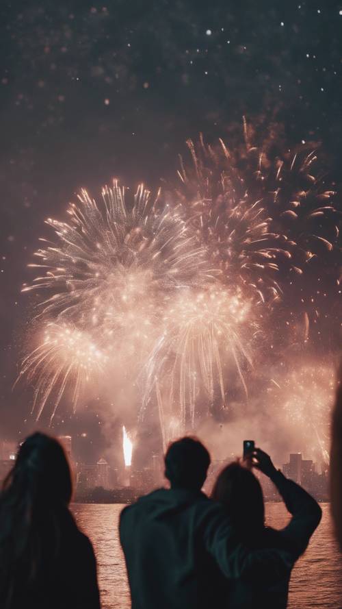 An aesthetic view of silhouetted people cheering against a backdrop of new year fireworks in a metropolitan city.