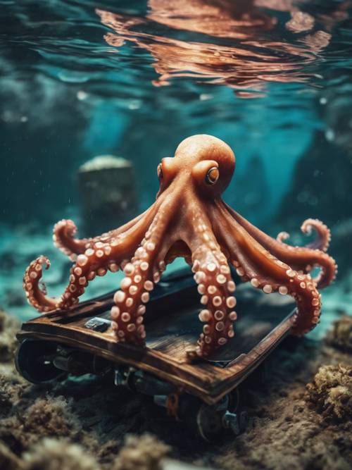A youthful octopus skateboarding through a sunken ship in the heart of the sea.