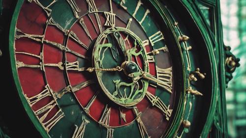 A close-up of a green and red gothic clock face, its hands pointing to midnight.