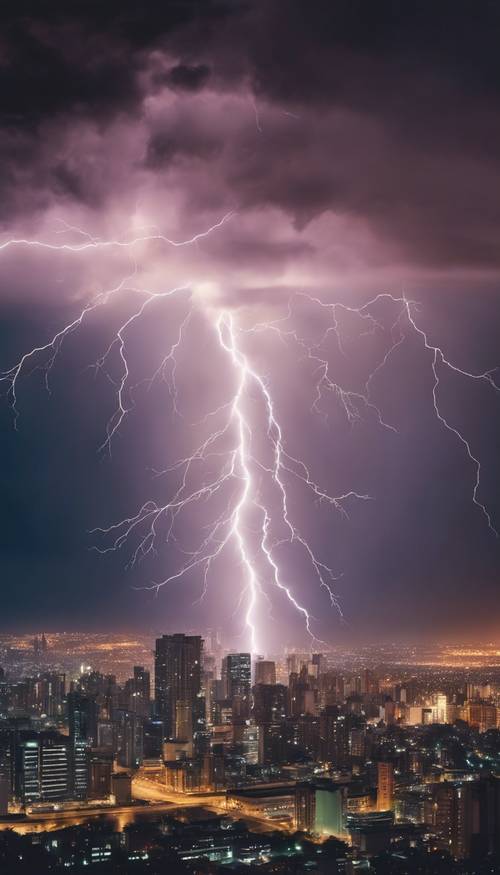 A thunderstorm raging over the cityscape at night with bright lightning bolts.