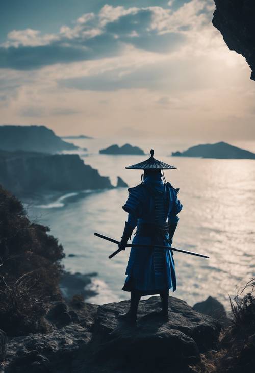 Una silueta de samurai azul de pie sobre un acantilado, con vistas al vasto océano, reflexionando sobre su destino.