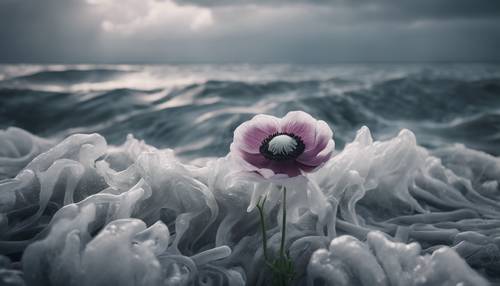 Un anemone solitario che ondeggia drammaticamente sullo sfondo di un mare tempestoso, monocromatico e turbolento. Sfondo [2d026becde854c6c9943]
