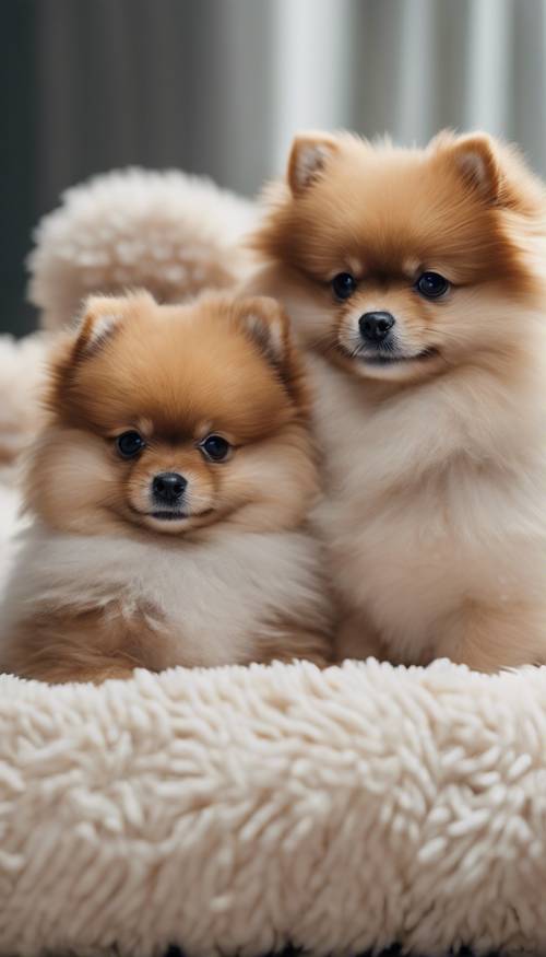 Pomeranian puppies huddled together in a large fuzzy dog bed. Tapet [4f741f3c000743149e79]