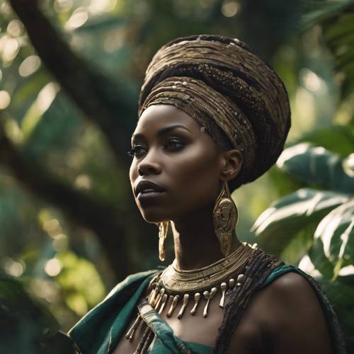Une reine noire vêtue d’une tenue africaine ancienne, entourée d’une forêt tropicale luxuriante.