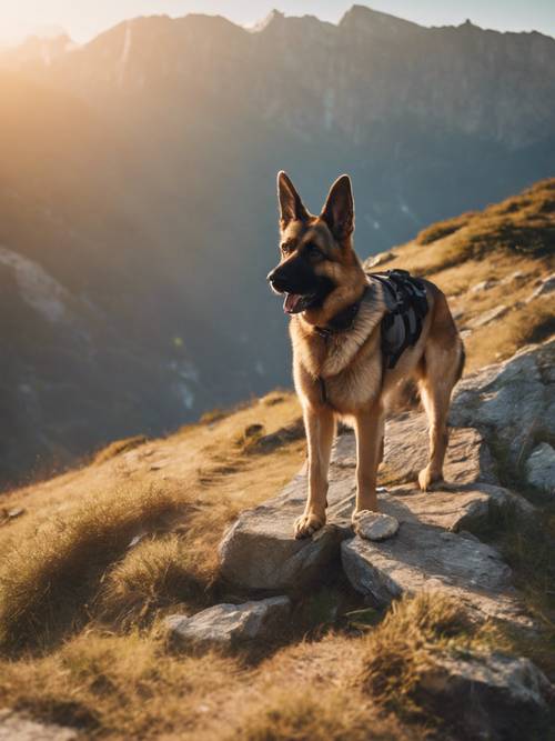 Một chú chó chăn cừu Đức đi bộ đường dài trên con đường mòn trên núi lúc bình minh.
