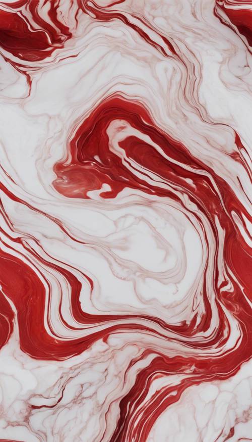 반짝이는 빨간색과 흰색 대리석이 유동적이고 매끄러운 패턴으로 잔물결을 일으켰습니다.