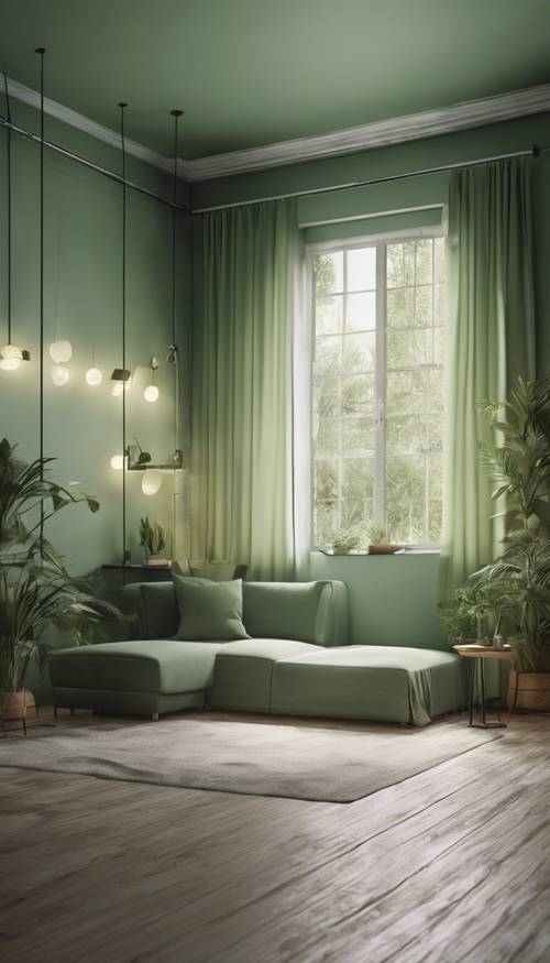 Kamar hijau sage minimalis bersinar dengan suasana damai.