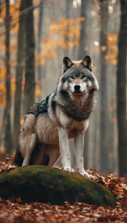 An alpha gray wolf standing guard over its sleeping pack in an autumn forest.