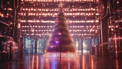Un árbol de Navidad futurista hecho de luces láser en un entorno de alta tecnología.