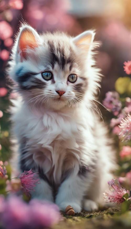 Un gattino soffice con un&#39;aura multicolore, che insegue giocosamente le farfalle in uno splendido giardino primaverile in fiore.