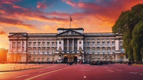 Un tramonto vibrante che dipinge il cielo sopra il maestoso Buckingham Palace.