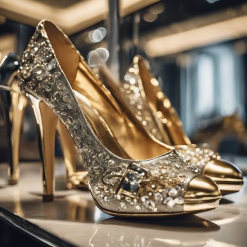 Um par de sapatos de salto alto dourados e prateados em uma loja de luxo.
