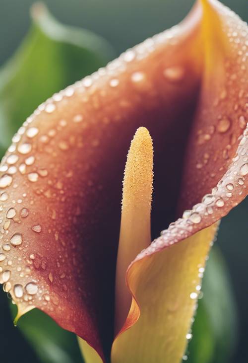 Gambar makro mendetail dari bunga calla lily yang dicium embun di pagi yang berkabut.
