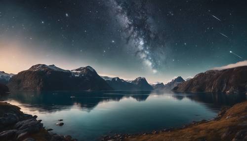 A panoramic view of fjords under the starry night sky with meteor showers