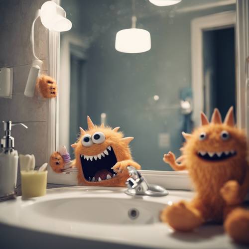 Un monstre mignon se prépare à aller au lit, se brossant les dents devant un miroir de salle de bain.