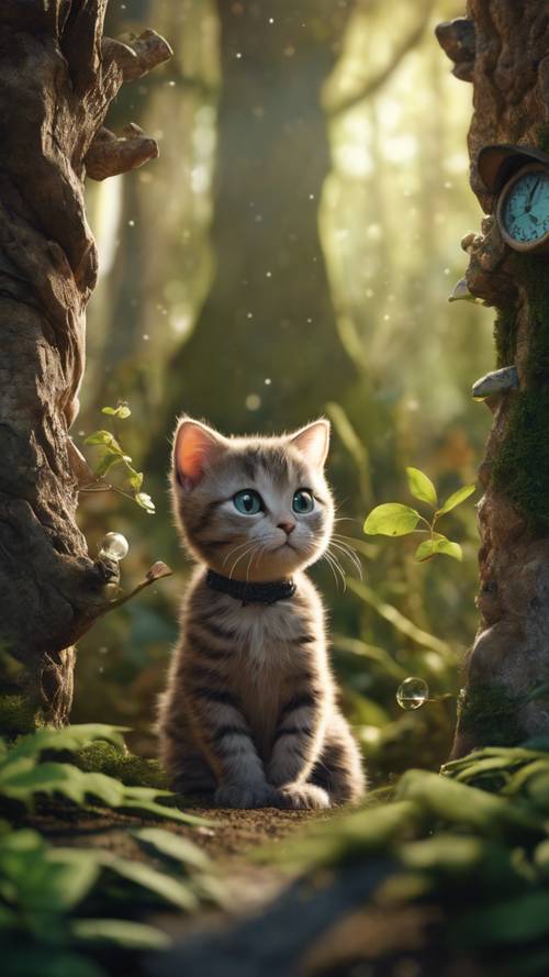 Uma imagem de um livro de histórias infantil mostrando um gato jovem e curioso olhando cautelosamente para uma floresta misteriosa e encantada.
