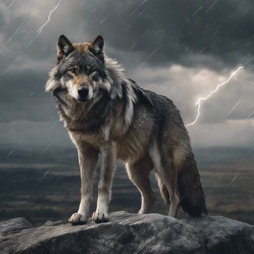 Starożytny, mądry wilk o stalowoszarym futrze, stojący na straży na szczycie skalistej skały, w tle nadciągająca burza.