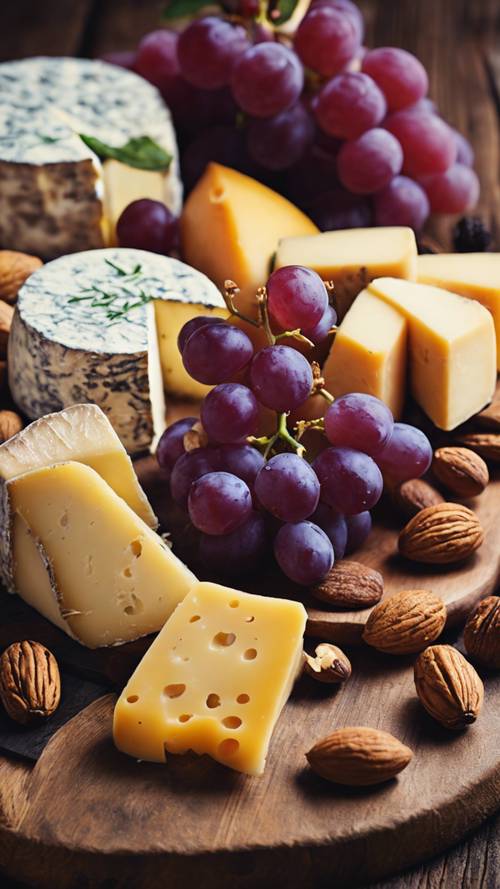 A gourmet cheeseboard with a variety of luxurious, colourful cheeses, fresh grapes, and nuts.