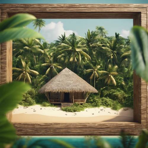 A small grass hut settlement on a tropical island, framed by dense jungle and golden sandy beaches.
