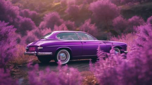 Мультяшный фиолетовый автомобиль с преувеличенными чертами, едущий по причудливому ландшафту.