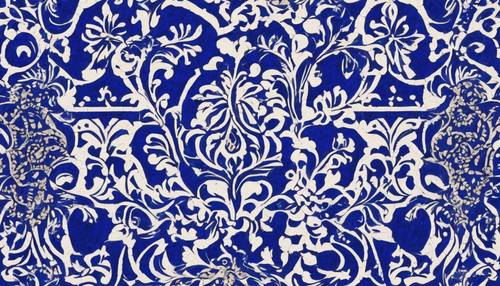 A mosaic of Damask designs in strong royal blue.