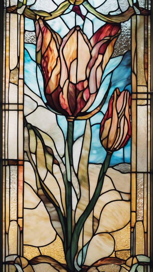 Uma obra de arte em vitral com um desenho intrincado de uma delicada tulipa.