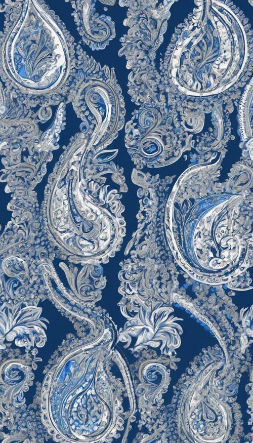 A seamless pattern of intricate blue and white paisley motifs.