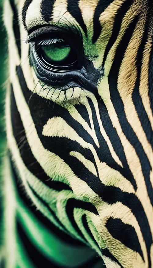 Морда зеленой зебры крупным планом с яркими деталями.