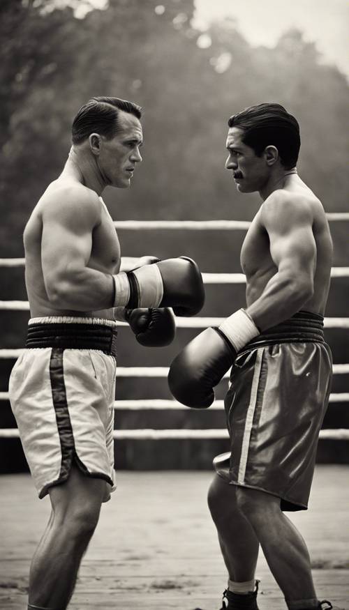 Imagem vintage de boxeadores da era vitoriana em uma fotografia em preto e branco, em quadratura em um ringue de boxe improvisado ao ar livre.