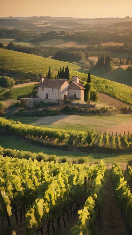 French country landscape at dawn showcasing vineyards, lush fields, and rolling hills.
