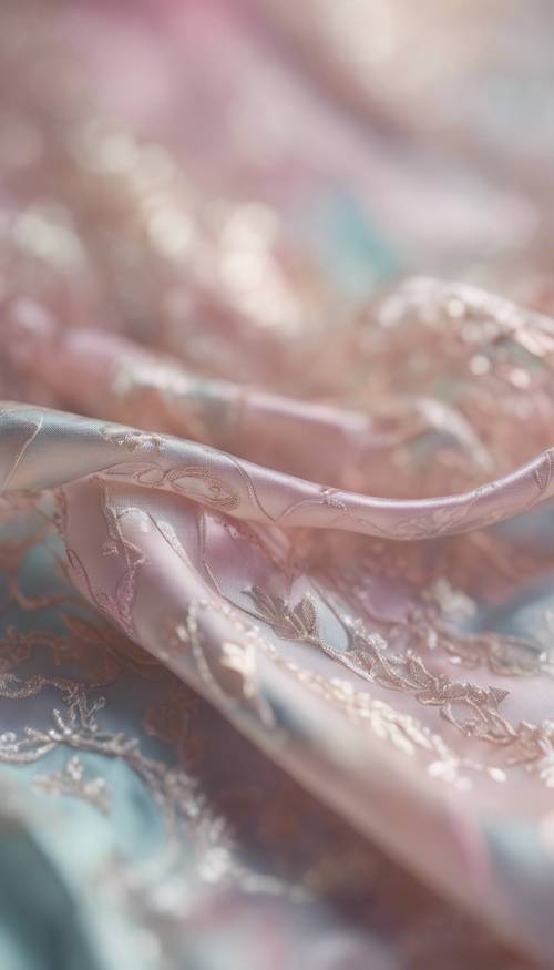 A magnified view of the intricate, shimmering, and soft design of a silk pattern in pastel hues.