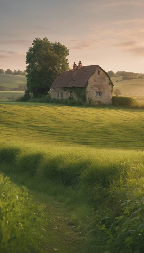 Спокойная сельская местность на рассвете: деревенский фермерский дом, окруженный обширными зелеными полями.