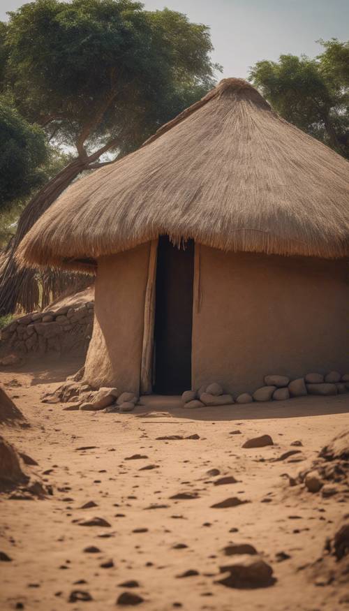 A small mud hut in an African village with thatched roofing, set against a sunny earthy backdrop.