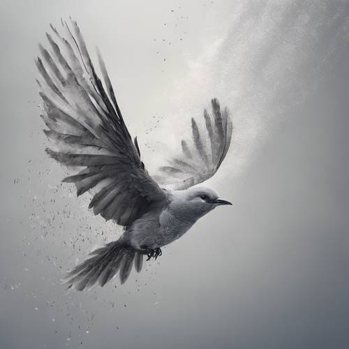 Abstrakcyjny szkic szarego ptaka lecącego w stronę nieba, pozostawiającego ślad pikselowanych piór.