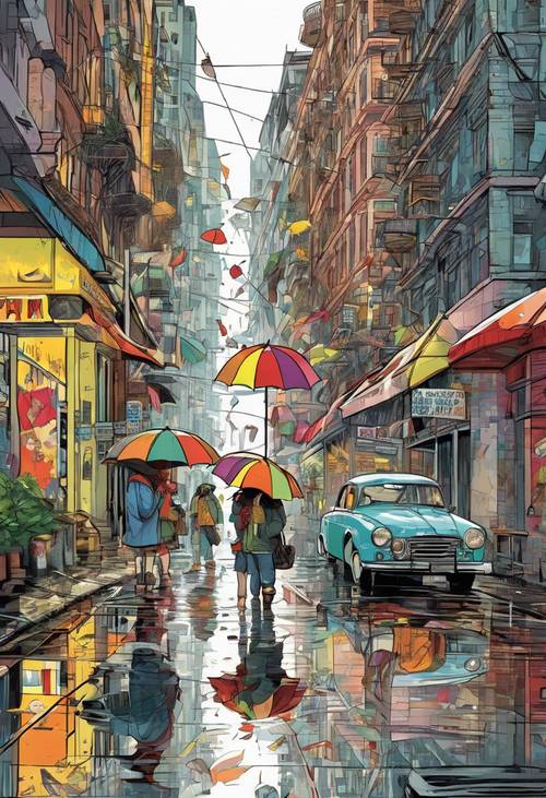Uma cidade de desenho animado encharcada pela chuva, com moradores da cidade com guarda-chuvas coloridos e carros refletidos nas calçadas molhadas.
