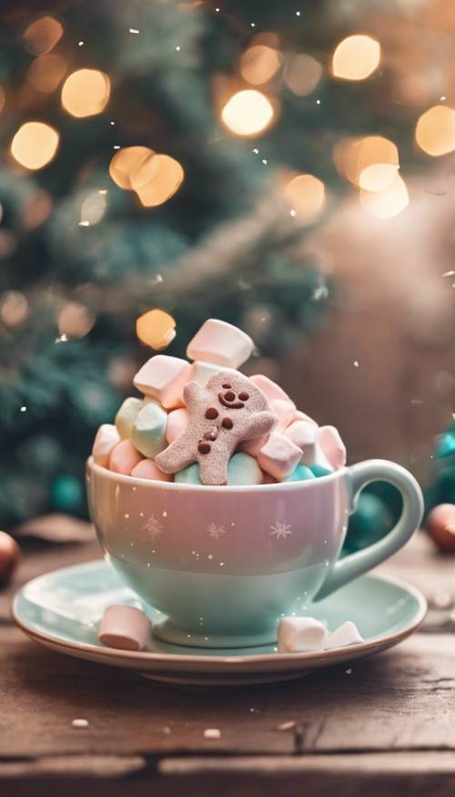 Mug coklat panas berwarna pastel dengan marshmallow bertema Natal yang mengambang di atasnya.