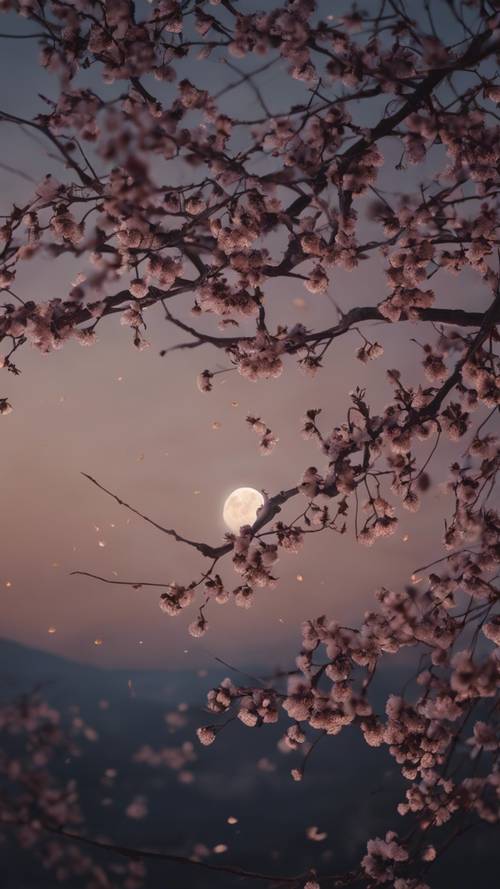 Branches de cerises en fleurs sombres découpées sur une pleine lune.