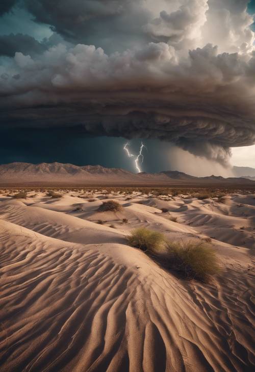 Über der Wüste ziehen Gewitterwolken, in der Ferne bildet sich ein Tornado.