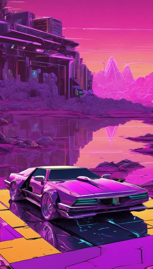 Un&#39;auto cyberpunk progettata con angoli acuti, caratterizzata da una verniciatura viola metallizzata, parcheggiata in un paesaggio fantascientifico.