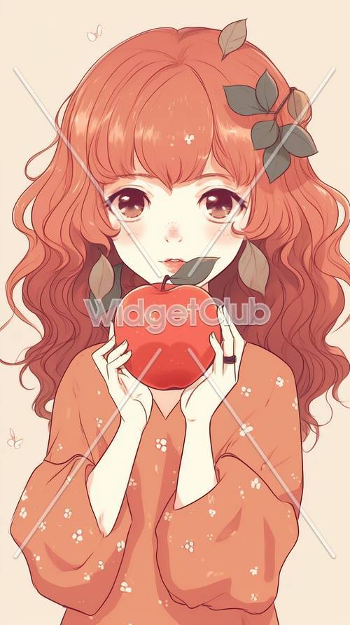 빨간 사과 아트를 들고 있는 소녀