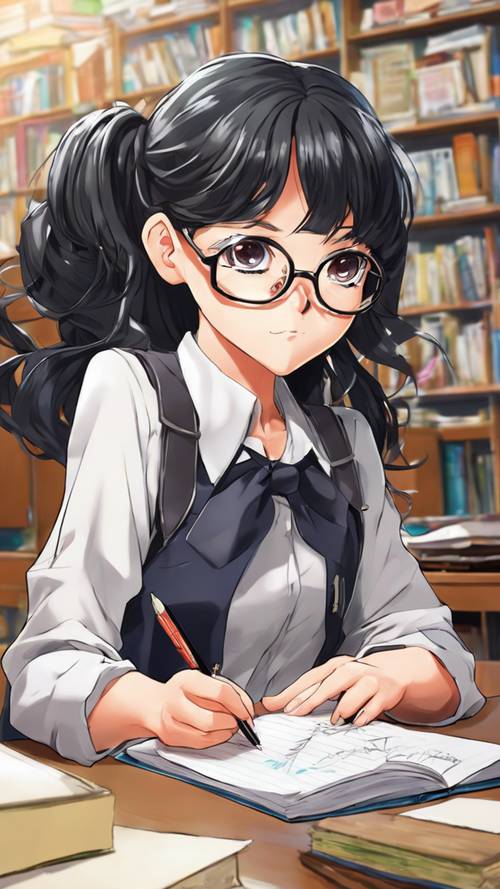 Eine Anime-Figur eines Schulmädchens mit nachtschwarzem Haar und Brille, die tagsüber in einem Klassenzimmer fleißig Notizen macht. Hintergrund [0866ffddda5b4d6eb0e9]