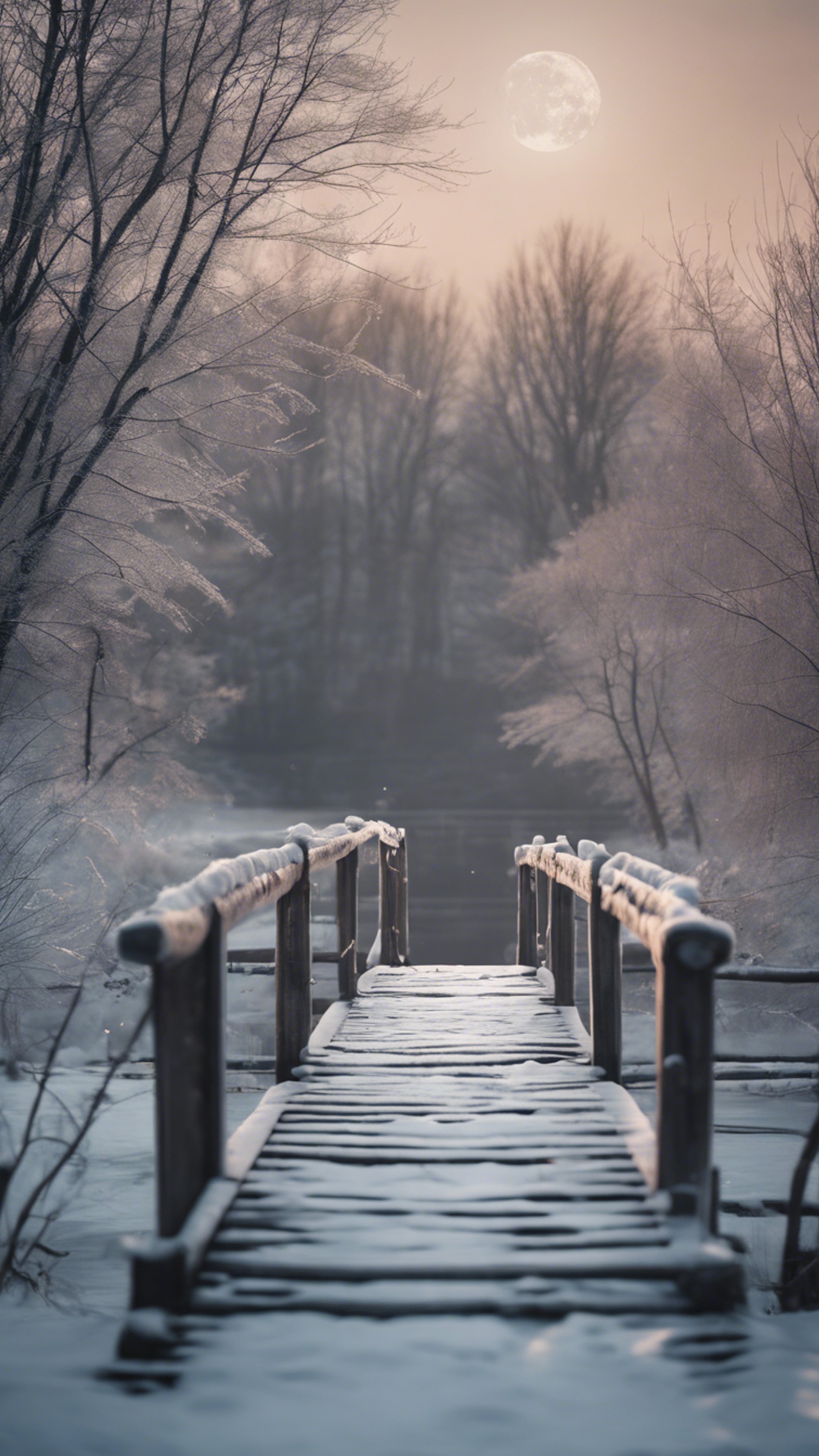A rustic wooden bridge spanning a frozen river, with the winter moon being reflected on its icy surface. Wallpaper[c0758b61140a45abaa8d]