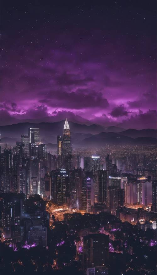 Đường chân trời của thành phố được bao phủ bởi bầu trời đêm màu tím đậm.