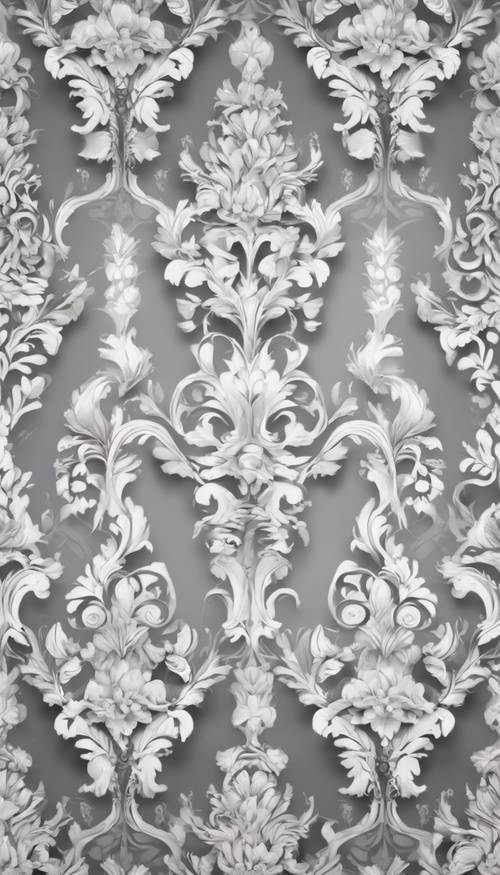 Kraliyet gümüşü ve saf beyaz tonlarında, rokoko unsurları içeren kusursuz, zengin bir damask deseni.