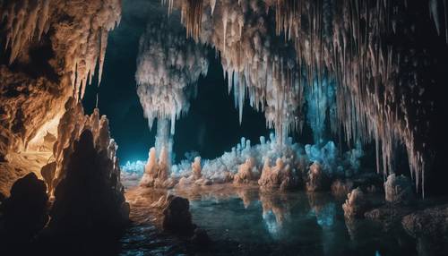An underground cave system filled with stalactites and stalagmites and lit by a faint, phosphorescent glow.