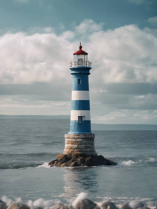 Причудливый маяк с синими и белыми полосами, возвышающийся на берегу моря.